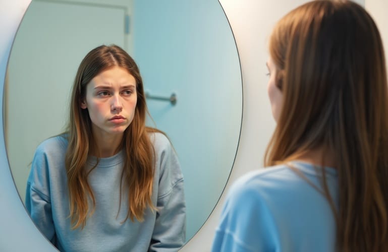 Young woman looking unhappy in bathroom mirror. Appears tired, insecure. Expression suggests feelings of distress, low self-esteem. Morning routine seems stressful. Personal crisis identity issue Young woman looking unhappy in bathroom mirror. Appears tired, insecure. Expression suggests feelings of distress, low self-esteem. Morning routine seems stressful. Personal crisis identity issue