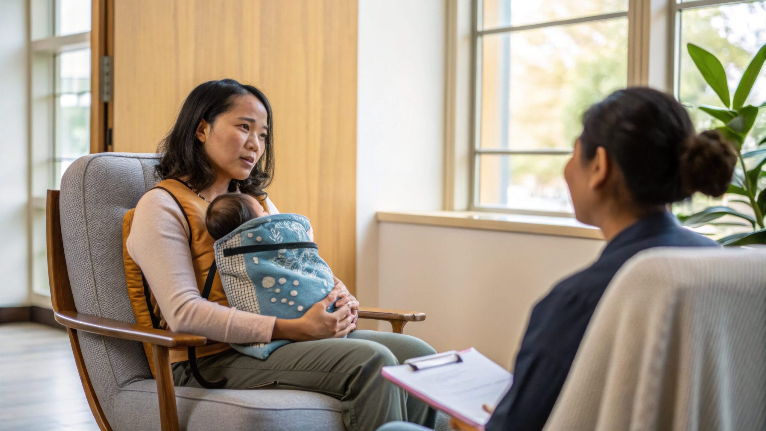 Mother baby counseling therapist office mental health postpartum support group mother holding baby during counseling session with therapist office birth trauma