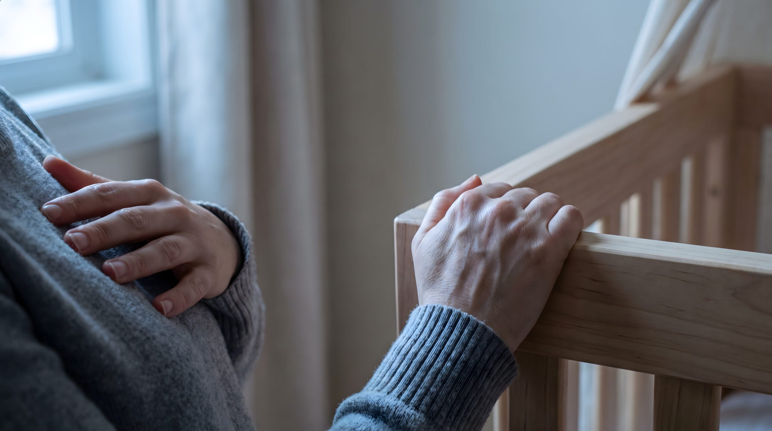 Woman hand on chest dealing with anxiety attack heart risk or postpartum depression while standing by baby crib rail birth trauma