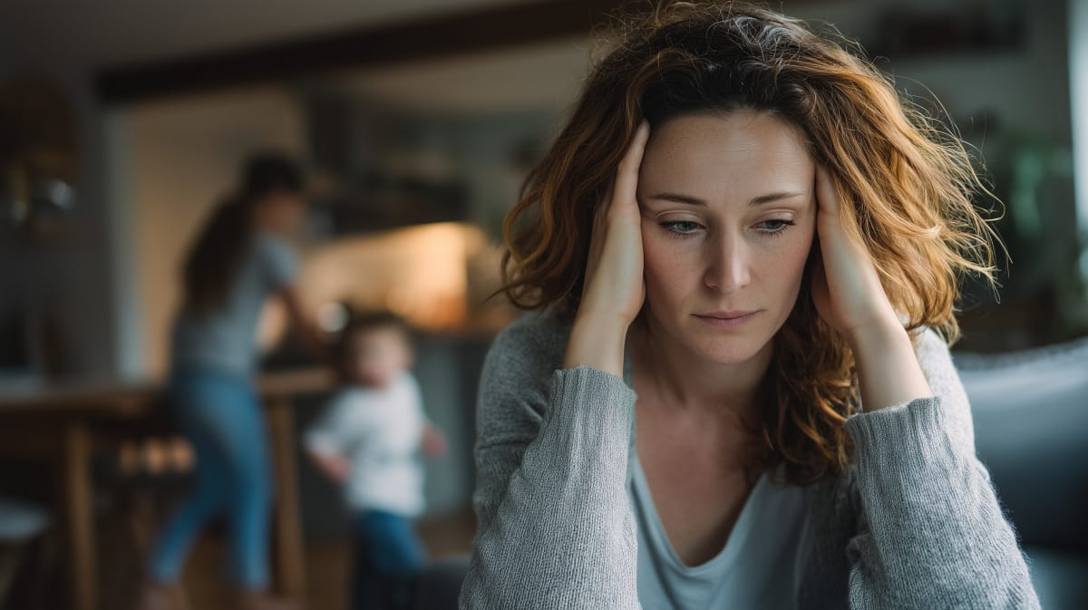 Overwhelmed mother holding her head while managing energetic children at home. Concept of parental burnout, stress, family responsibilities and emotional wellbeing. birth trauma